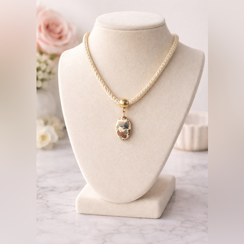 Vintage CloisonnΓ© Floral Butterfly Pendant Necklace | Cream Cord | Statement